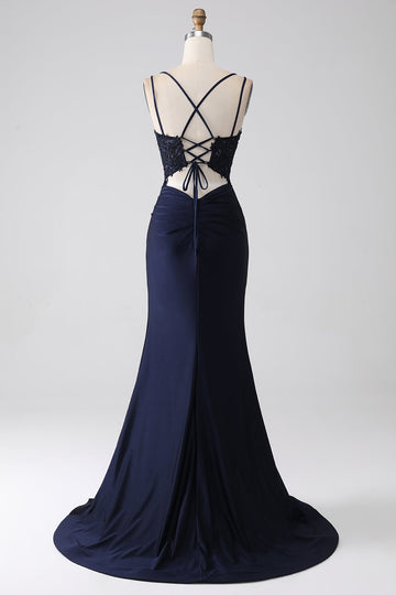 Mermaid Spaghetti Straps Beaded Navy Ball Dress with Ruffles
